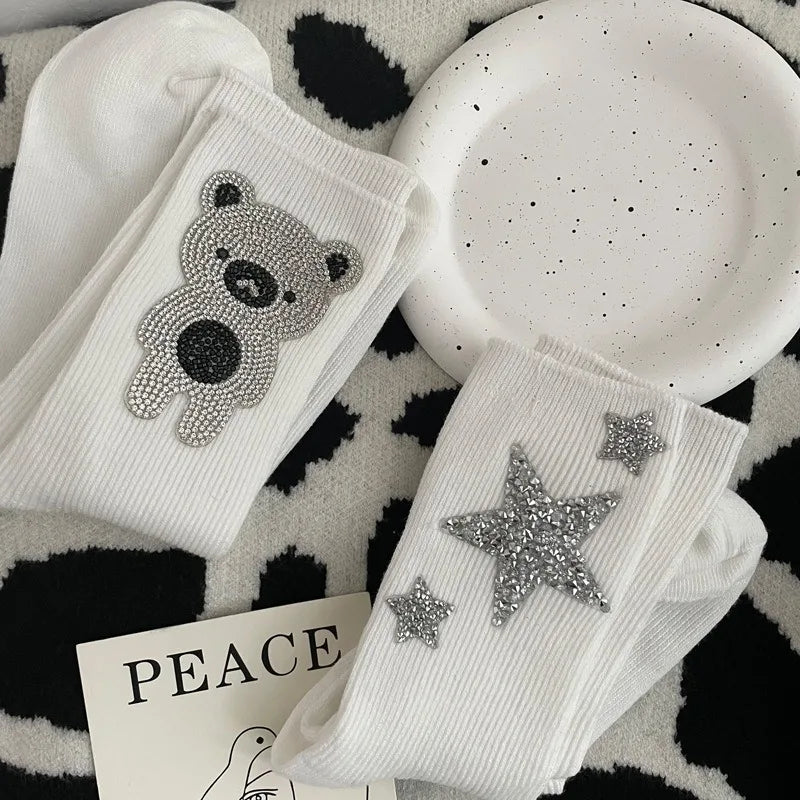 Diamond Cartoon Bear Decorative Socks, Fashionable Diamond Sparkling Women's Socks, Comfortable And Breathable Christmas Socks Peaceful Pleasures Health and Wellness
