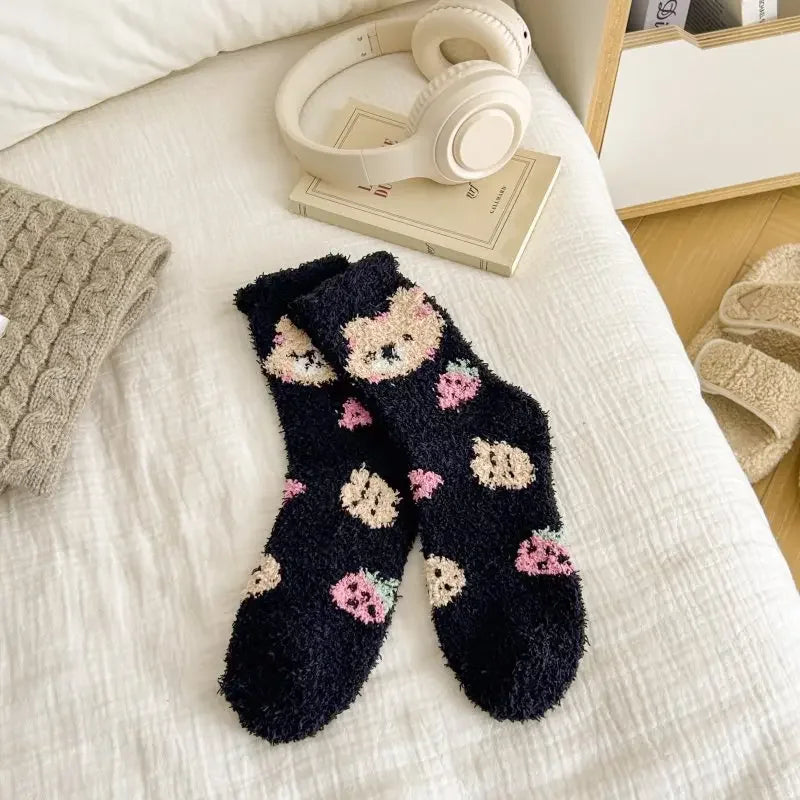New Fashion Coral Fleece Women Socks Warm Home Floor Socks Strawberry Bear Socks Mid Tube Sleep Socks Plush Socks Added Fleece Peaceful Pleasures Health and Wellness black One Size