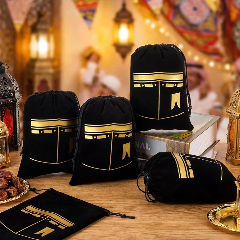 5-Pack Eid Mubarak Black Velvet Drawstring Gift Bags | Ramadan