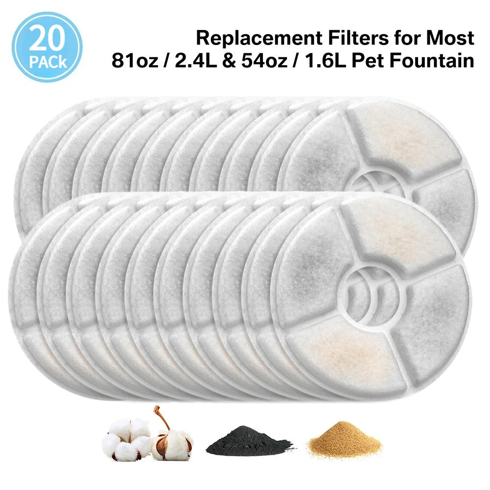 Cat Water Fountain Filters for 1.6-2.4L Cat Water Fountain Replacement Pet Filter with Acticated Carbon and Coconut Shell Cotton Peaceful Pleasures Health and Wellness 20Pcs