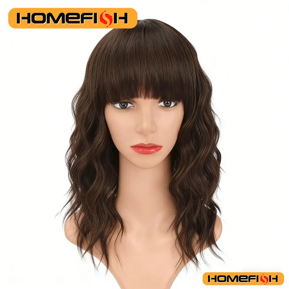 Synthetic Curls with Bangs – Versatile Daily Hairstyle for Women, Easy Wear Wig Peaceful Pleasures Health and Wellness Brown 1pc