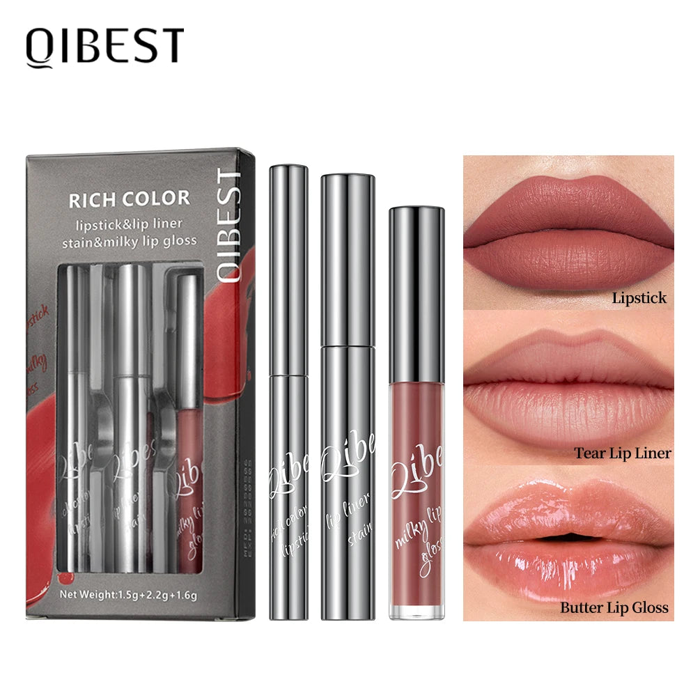 QIBEST New 3pcs Liquid Lipstick + Lip Liner +Lip Glaze Makeup Set Nude Black Velvet Lip Gloss Tint Long Lasting Cosmetics Kits Peaceful Pleasures Health and Wellness