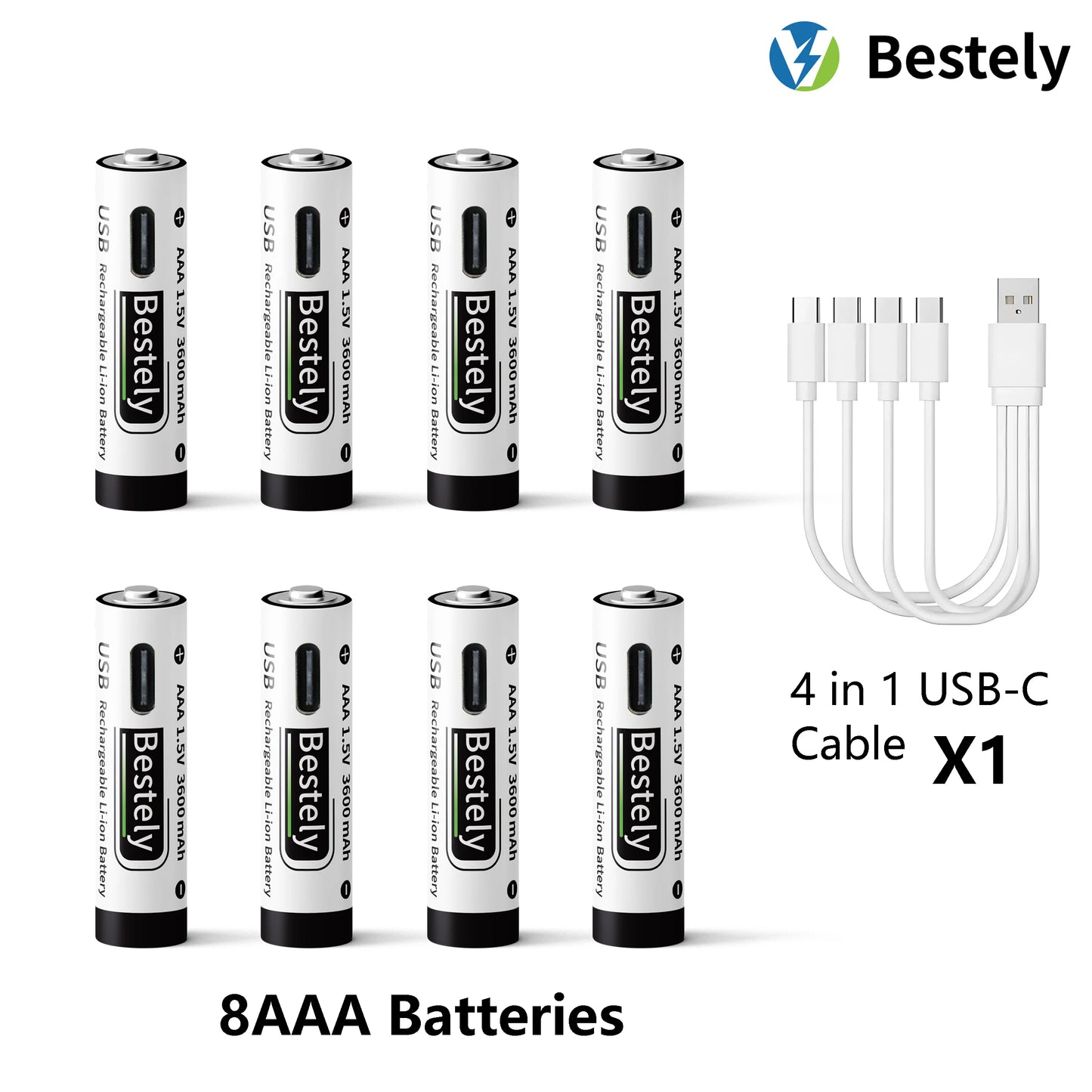 AAA Battery Rechargeable Li-Ion 1.5V 3600mAh 2000 Cycles USB-C Fast Charging Long-Lasting with free USB- C Cable Peaceful Pleasures Health and Wellness 8 pcs Batteries