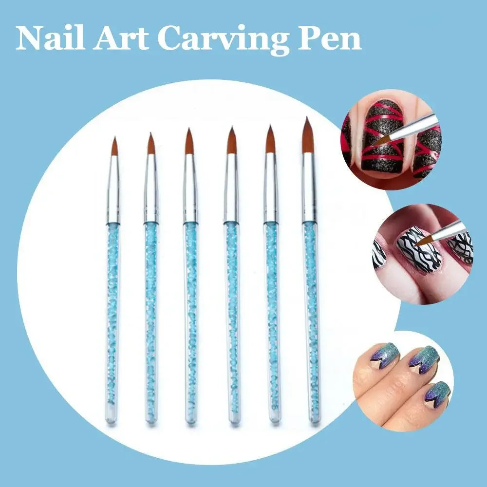 6Pcs/set Nail Art Brush, Acrylic UV Gel Glitter Drawing Painting Brushes Crystal Handle Nylon Hair Carving Flower Pens Nail Tool Peaceful Pleasures Health and Wellness