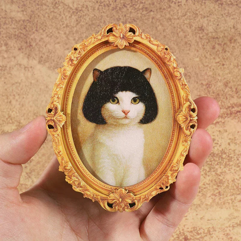 Mini Oval Retro Wooden Fridge Magnet – Funny Cat Design