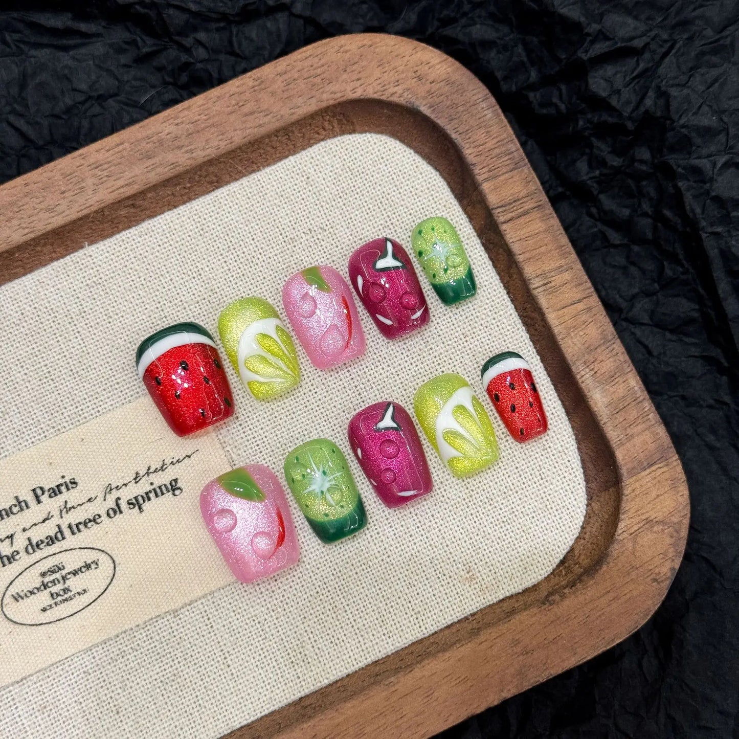 10pcs Handmade Fruit Press on Nails Summer Watermelon and Lemon Fake Nails Wearable Cat Eye Cute False Nail Tips for Girls Peaceful Pleasures Health and Wellness