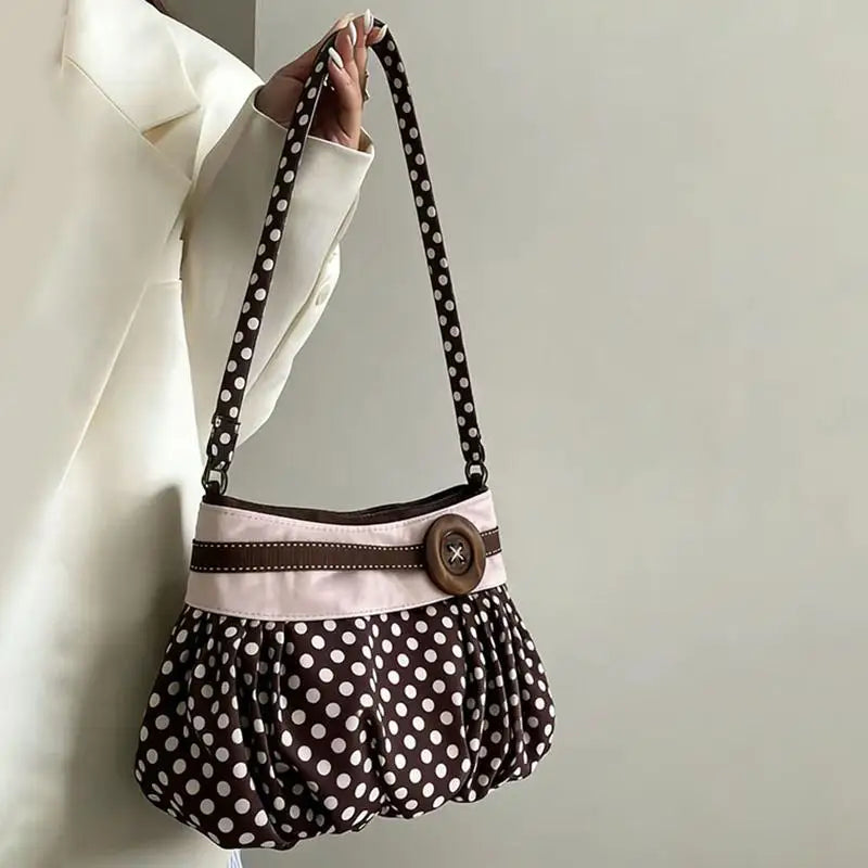 Retro Polka Dot Pleated Cloud Shoulder Bag | Wooden Button