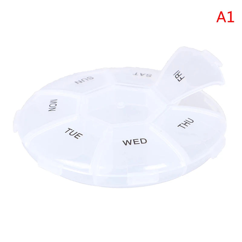 Circular Pill Box 7 Slots Round Daily Weekly Tablet Pill Case Splitter Medicine Peaceful Pleasures Health and Wellness A1