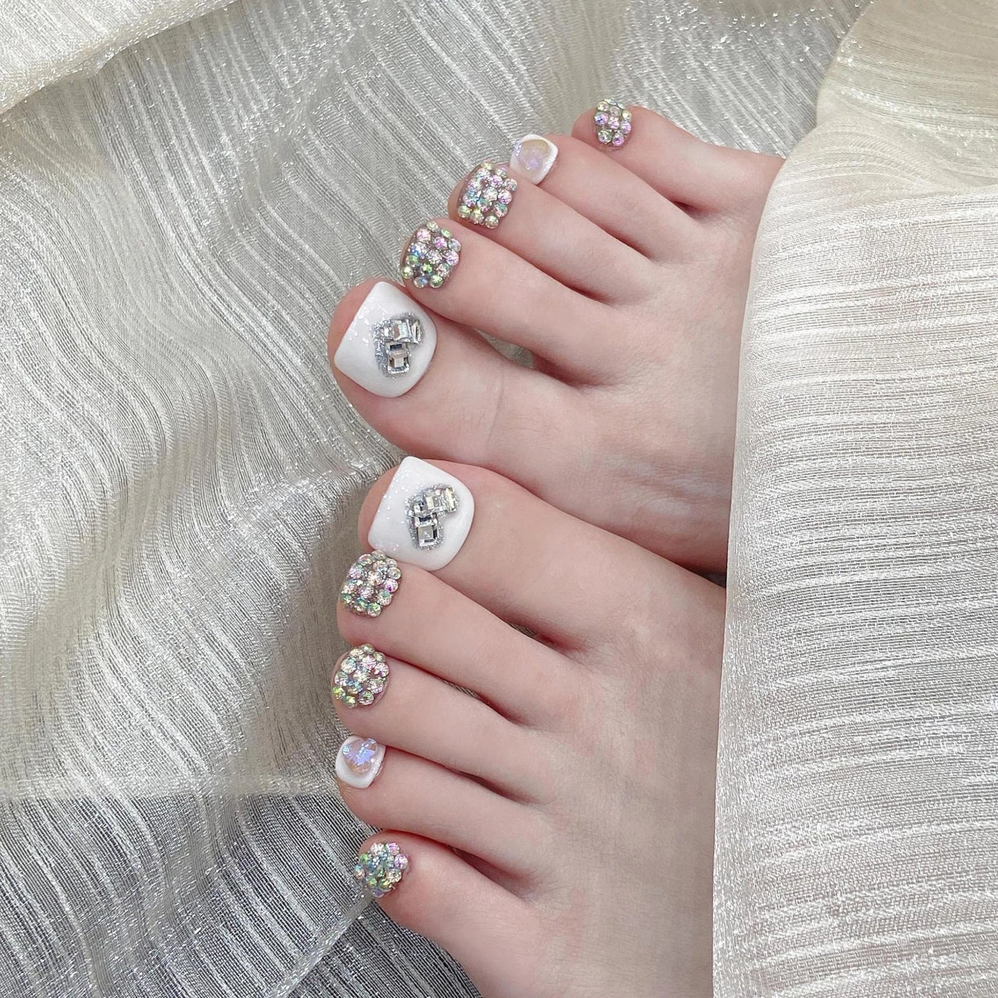 10pcs Handmade Press on Toenails Flash Rhinestone Design White Square Fake Toenails for Women Wearable Reusable False Toe Nails Peaceful Pleasures Health and Wellness