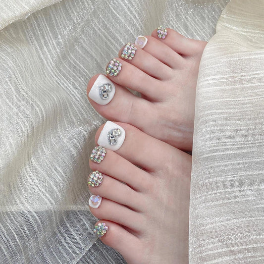 10pcs Handmade Press on Toenails Flash Rhinestone Design White Square Fake Toenails for Women Wearable Reusable False Toe Nails Peaceful Pleasures Health and Wellness