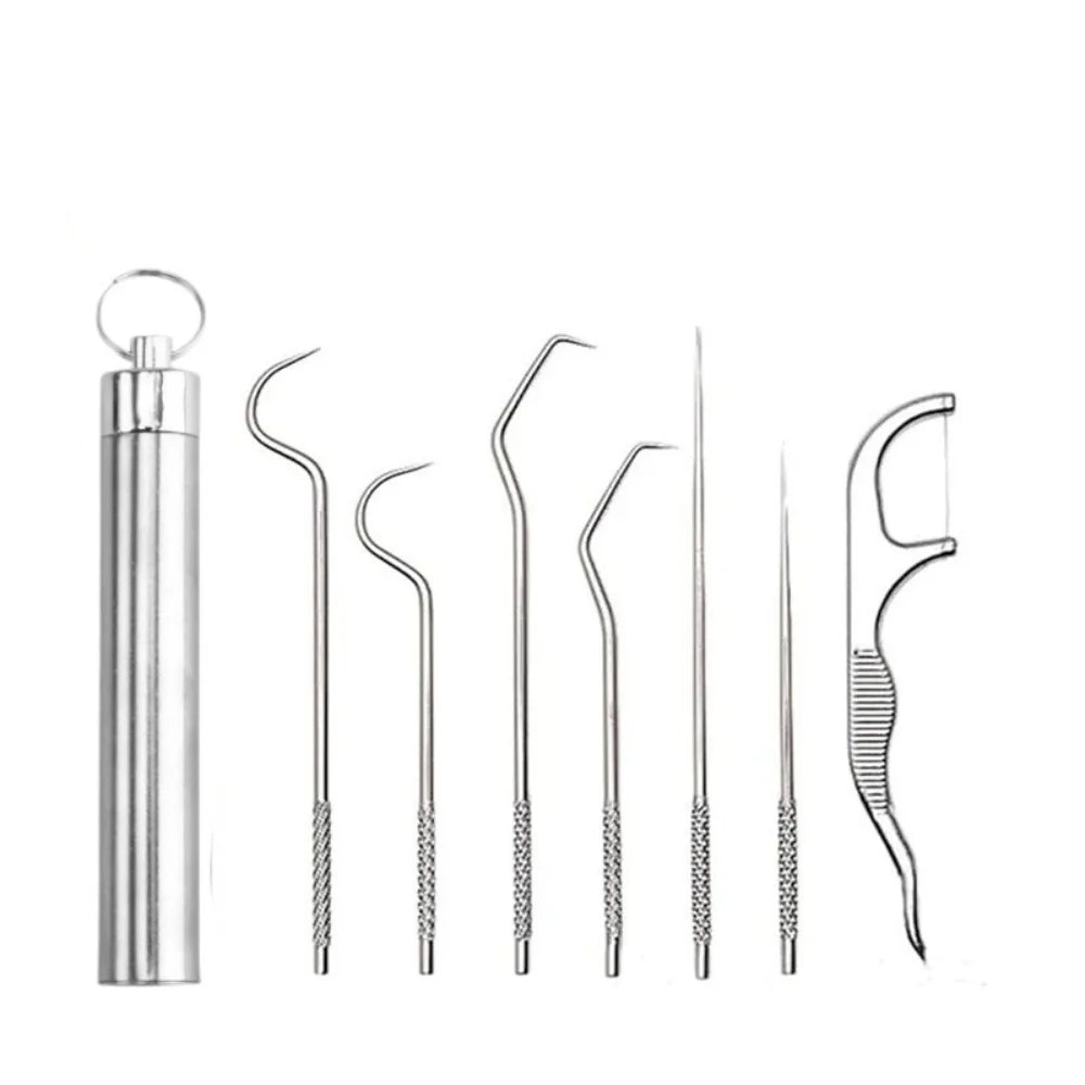 7-Piece Reusable Stainless Steel Toothpick Set with Keychain