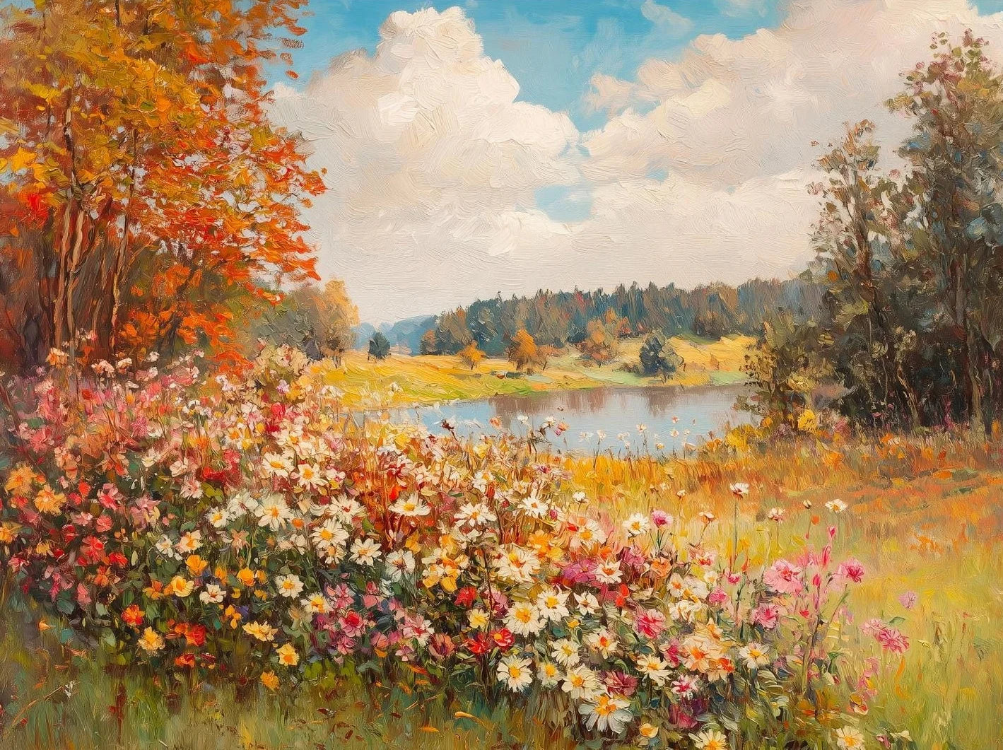 Wildflower Field Landscape Oil Poster Vintage Rustic Moody Autumn Country Scenery Canvas Painting Wall Art for Room Home Deco Peaceful Pleasures Health and Wellness 1 20x30cm Unframed