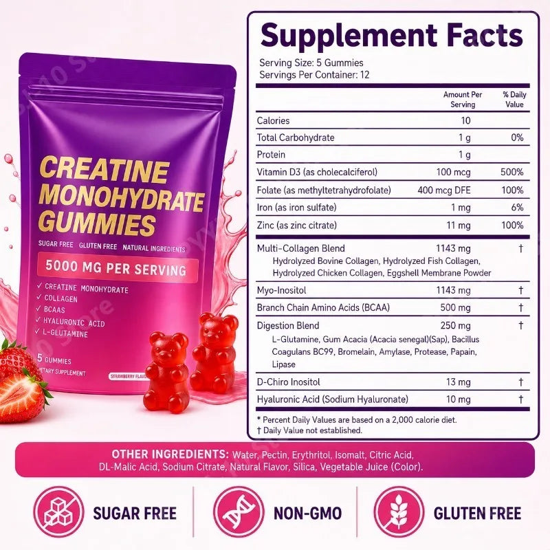 Creatine Monohydrate Gummies w/ Collagen, Biotin & Vitamin D3