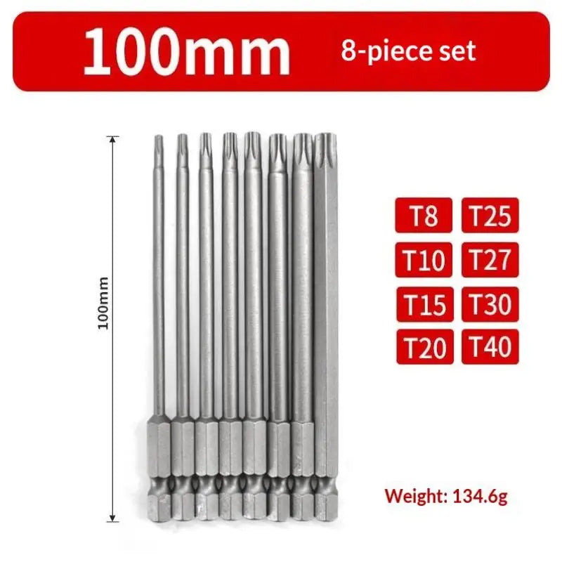 8Pcs/set 50mm/100mm/150mm S2 Steel Torx Screwdriver Bit Set 1/4 Inch Hex Shank Magnetic Star Bit T8-T40 For Drill Wrench Peaceful Pleasures Health and Wellness A2-100mm
