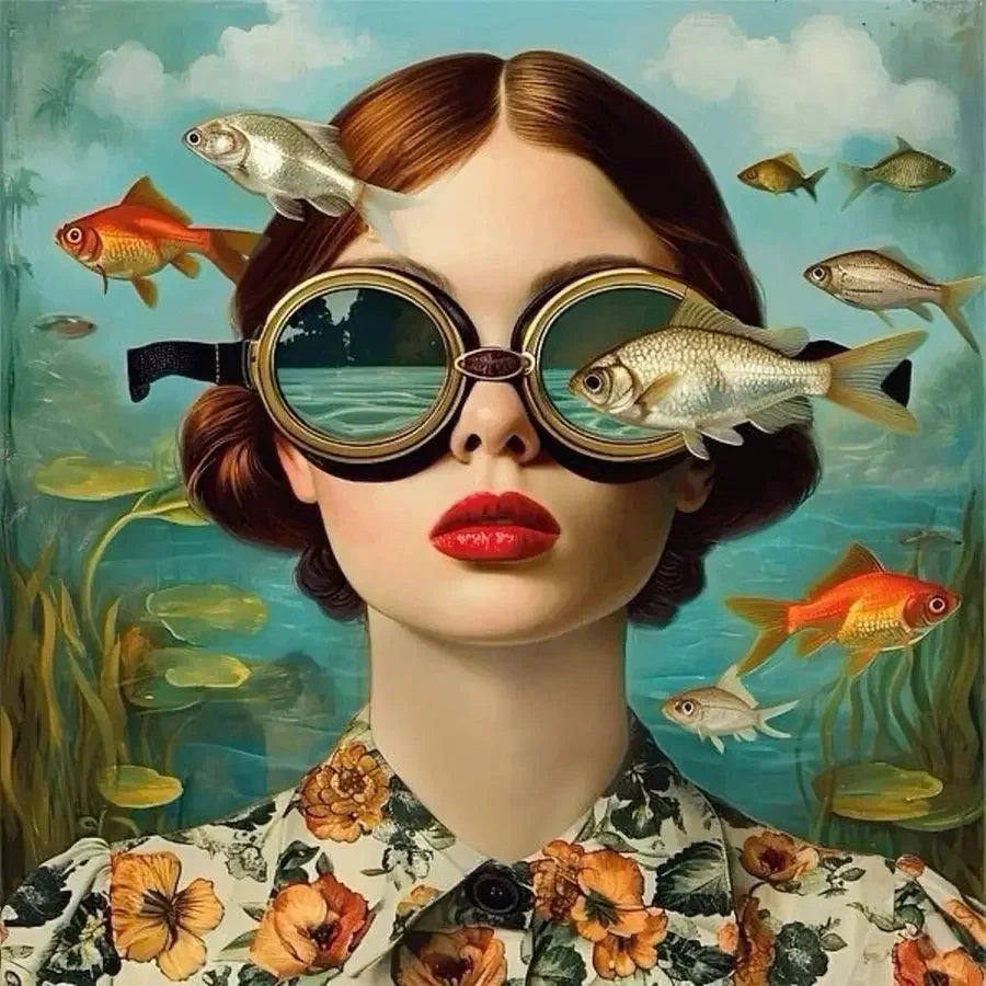 Surrealism Woman Portrait Canvas Painting Wall Art Wonderful Fantasy Fish and Girl Poster Prints for Living Room Home Decor Peaceful Pleasures Health and Wellness ZLH3542 20x20cm Unframed