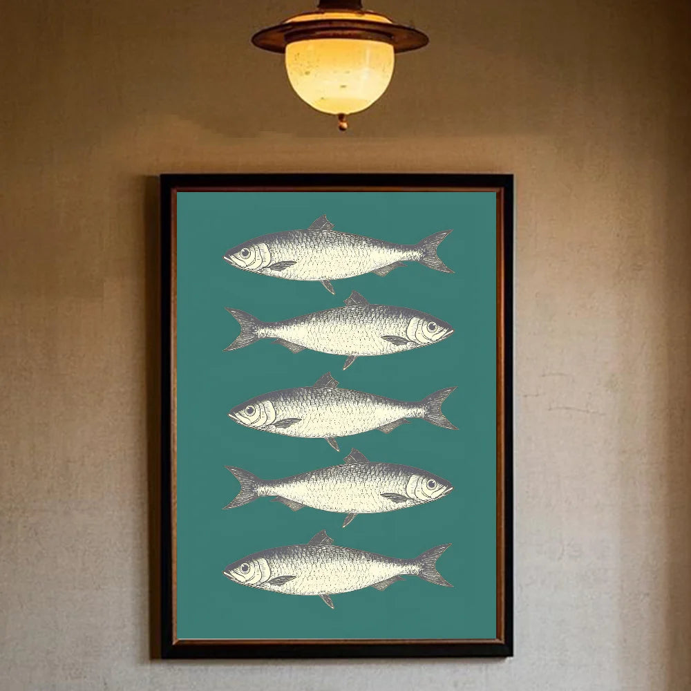 Colorful Sardines & Lobsters Canvas Wall Art | Ocean Fish Print