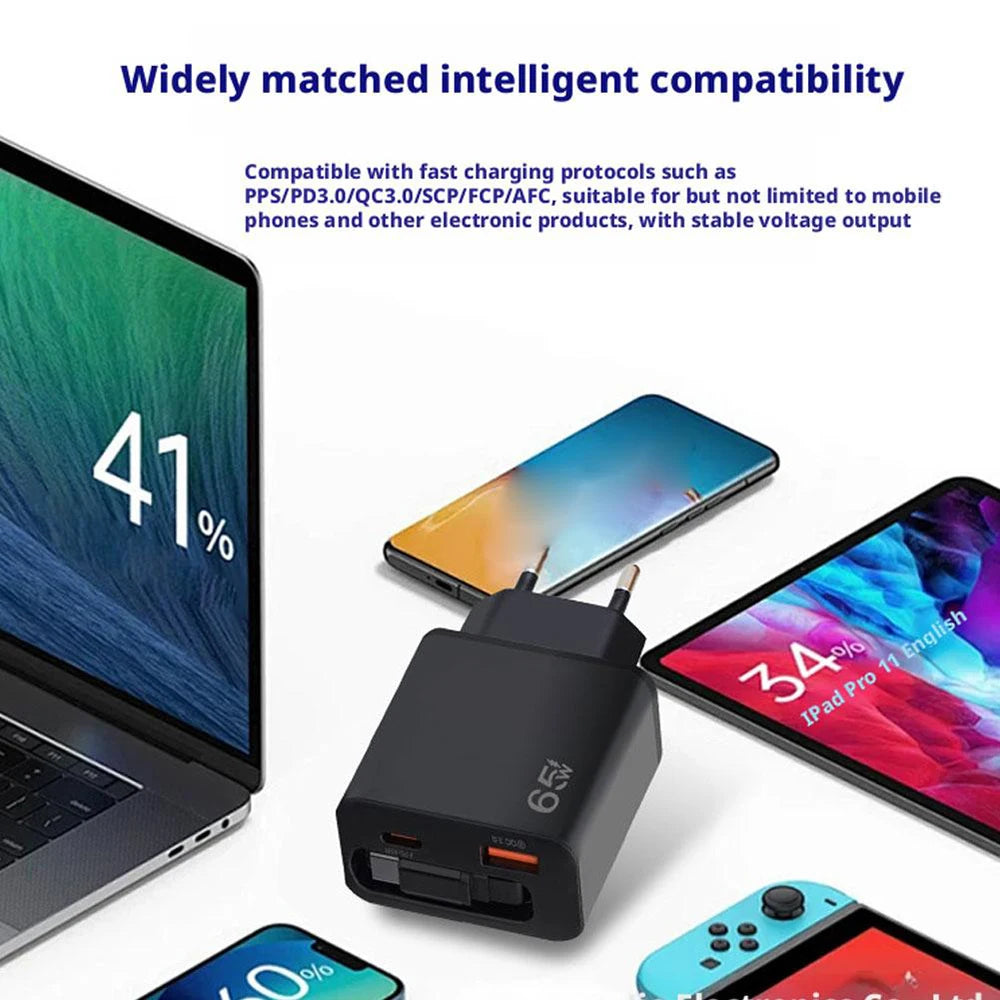 65W Retractable USB-C Charger QC 3.0 & PD 20W – iPhone & Android
