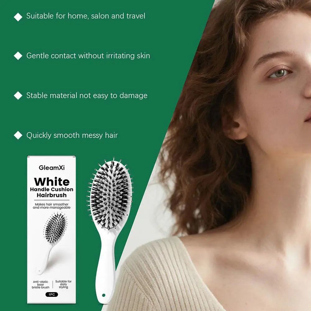 White Handle Cushion Hairbrush Makes Hair Smoother More Manageable High Quality Comfort Massage Cushion Bristle Hair Brush Comb Peaceful Pleasures Health and Wellness