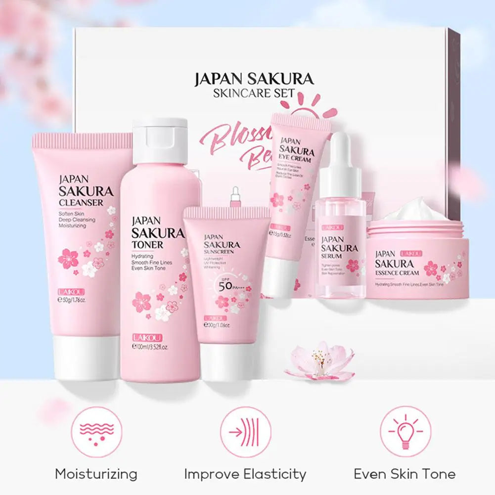 6pcs/Set Sakura Skin Care Sets Face Cream Serum Toner Facial Cleanser Sunscreen Eye Cream Face Skin Care Set Product Gift box Peaceful Pleasures Health and Wellness