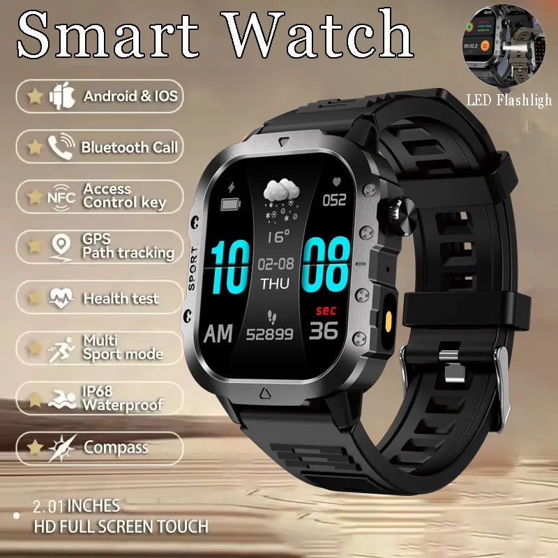 Military Smart Watch Men's Outdoor Sports Waterproof Watch 2.01" HD Touch Screen Voice Bluetooth Call GPS Tracking Smartwatch Peaceful Pleasures Health and Wellness Black