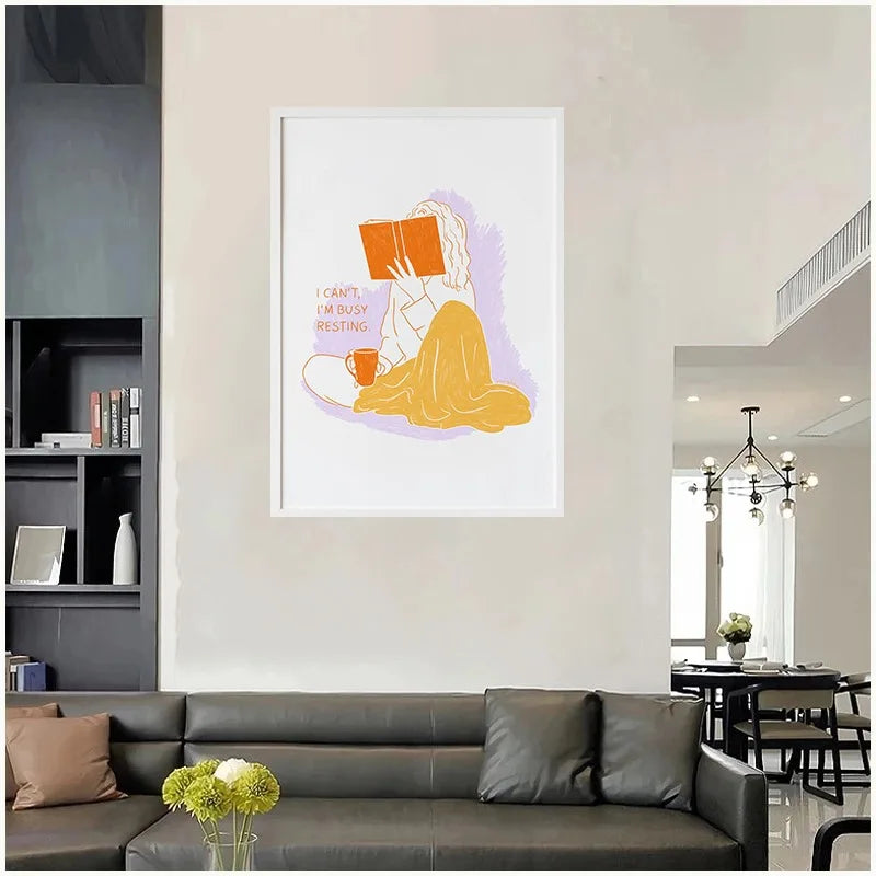Modern Minimalist Line Girl Illustration Poster Girly Busy Resting Reading Book Canvas Painting Wall Art Living Room Home Dec Peaceful Pleasures Health and Wellness