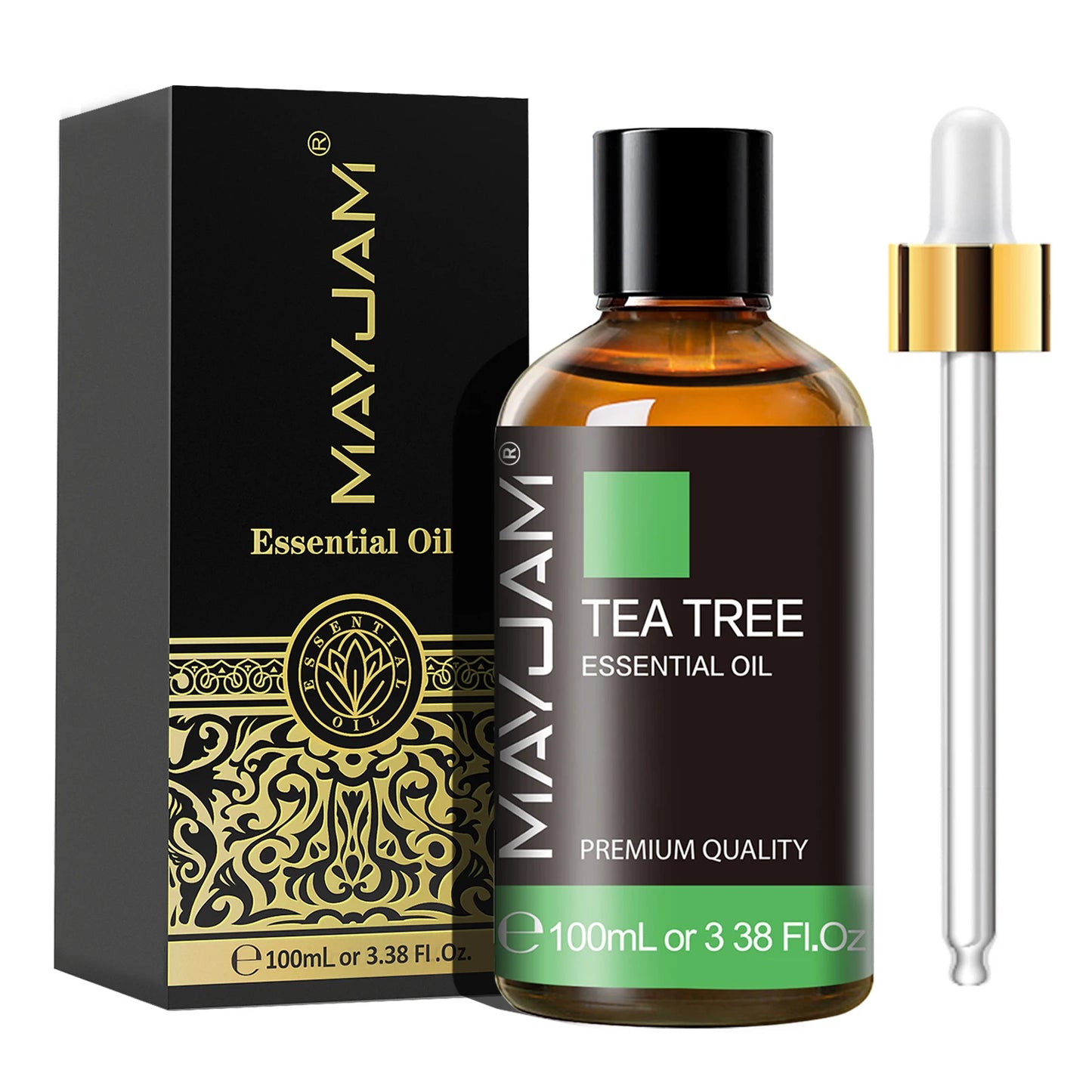 Mayuam Tea Tree Essential Oil bottle with dropper and packaging on a white background