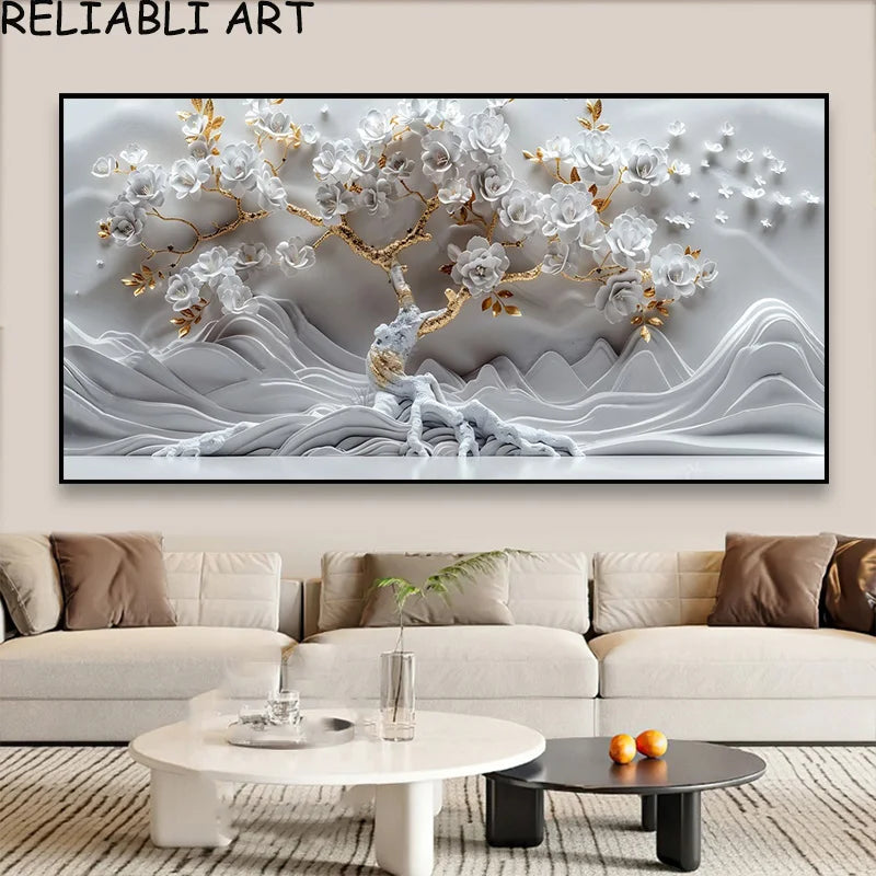3D Golden White Flower Tree Poster and Prints Light Luxury Canvas Painting Wall Art Pictures for Living Room Home Decor No Frame Peaceful Pleasures Health and Wellness flower 24 7-25-13 20x40cm