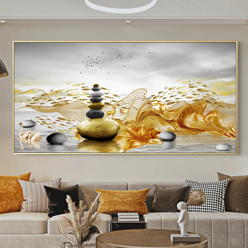 Chinese Feng Shui Golden Rich Tree Canvas Painting Wall Art Deer Landscape Lucky Stone Posters Wall Art for Living Room Decor Peaceful Pleasures Health and Wellness