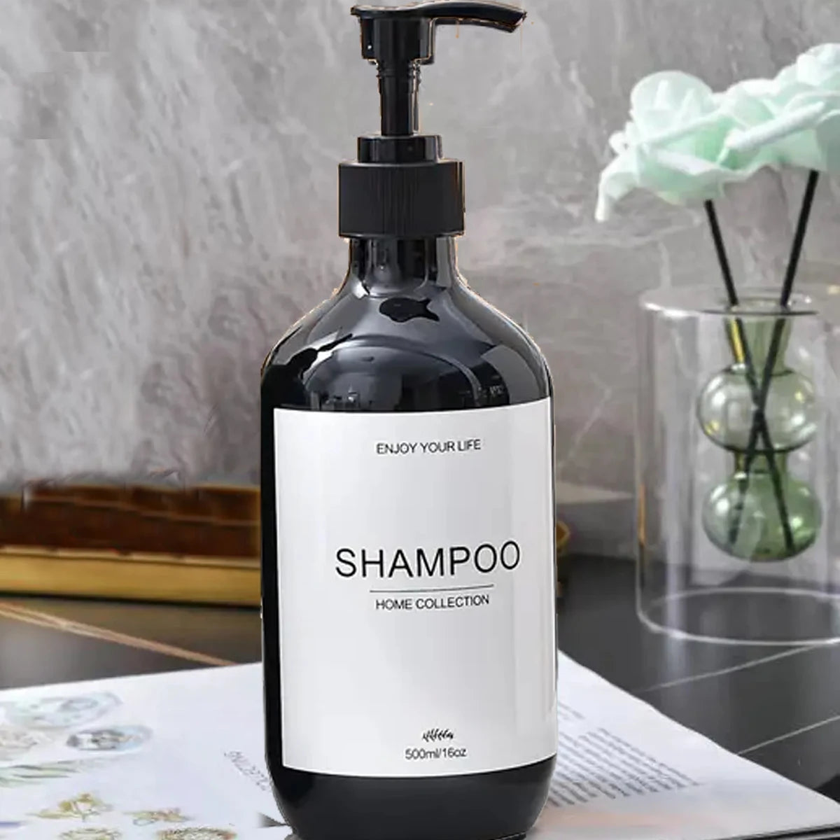 Bathroom Shampoo Dispenser Set 500ml Conditioner Body Wash Bottles Refillable Dispenser Farmhouse Decoration Storage Bottles Peaceful Pleasures Health and Wellness Black-S 1