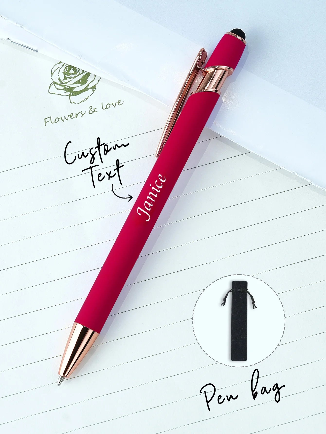 Custom Name Ballpoint Pen Personalized Engraved Stylus Soft Touch 10 Colors Gift For Coupes Teacher Student Back To School Peaceful Pleasures Health and Wellness Red One Size