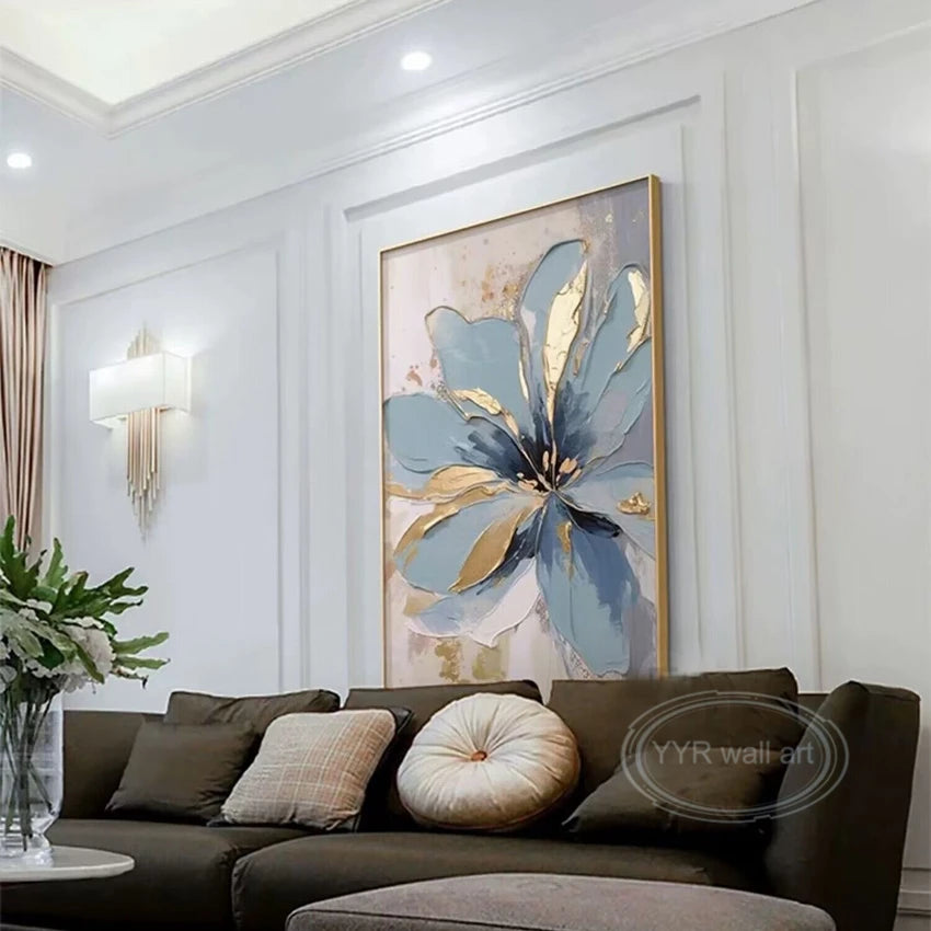 Hand-Painted Blue Floral Oil Painting on Canvas | Wall Art Hand-Painted Canvas Art Peaceful Pleasures Health and Wellness