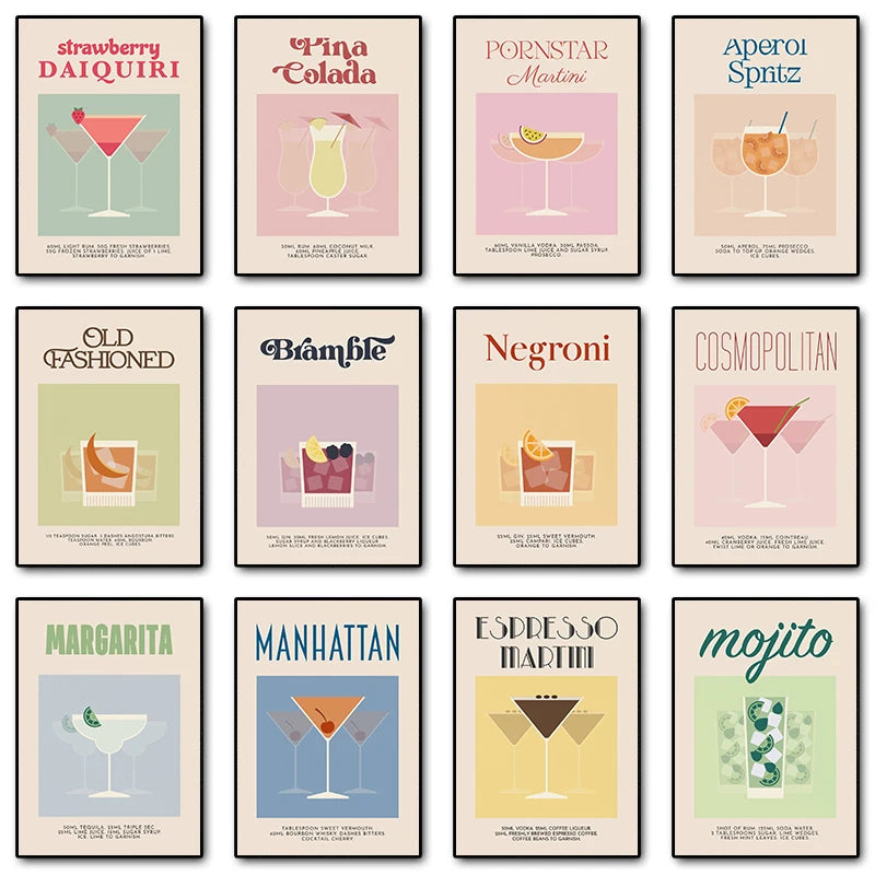 Retro Cocktail Alcohol Drink Poster Aperol Spritz Espresso Martini Canvas Printing Wall Art Vintage Bar Recipe Kitchen Decor Peaceful Pleasures Health and Wellness