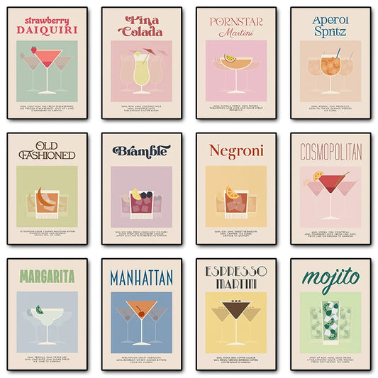 Retro Cocktail Alcohol Drink Poster Aperol Spritz Espresso Martini Canvas Printing Wall Art Vintage Bar Recipe Kitchen Decor Peaceful Pleasures Health and Wellness