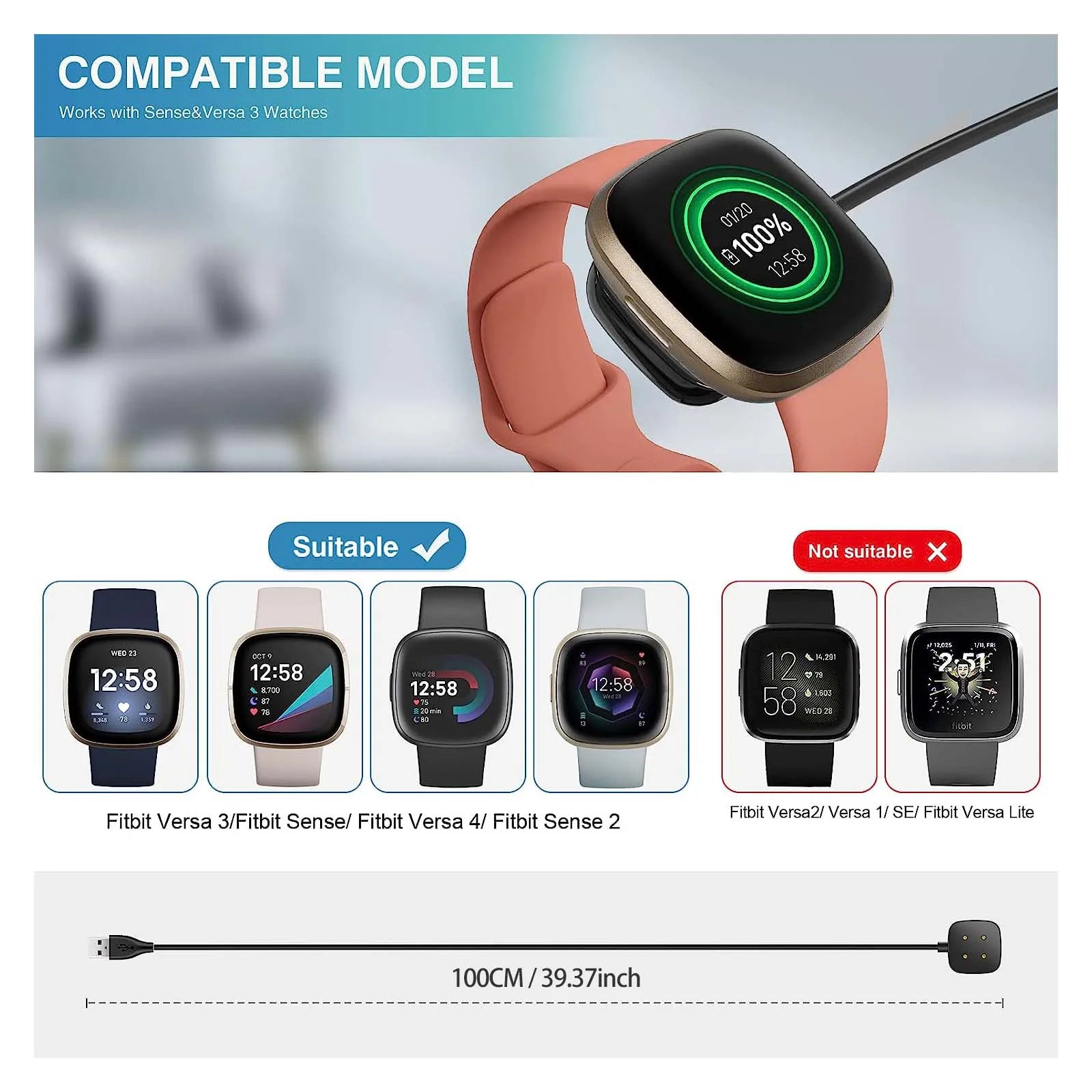 Fitbit Versa 4/3 & Sense 2/1 Magnetic USB Charging Cable Dock Smartwatch Charger Oasis Select