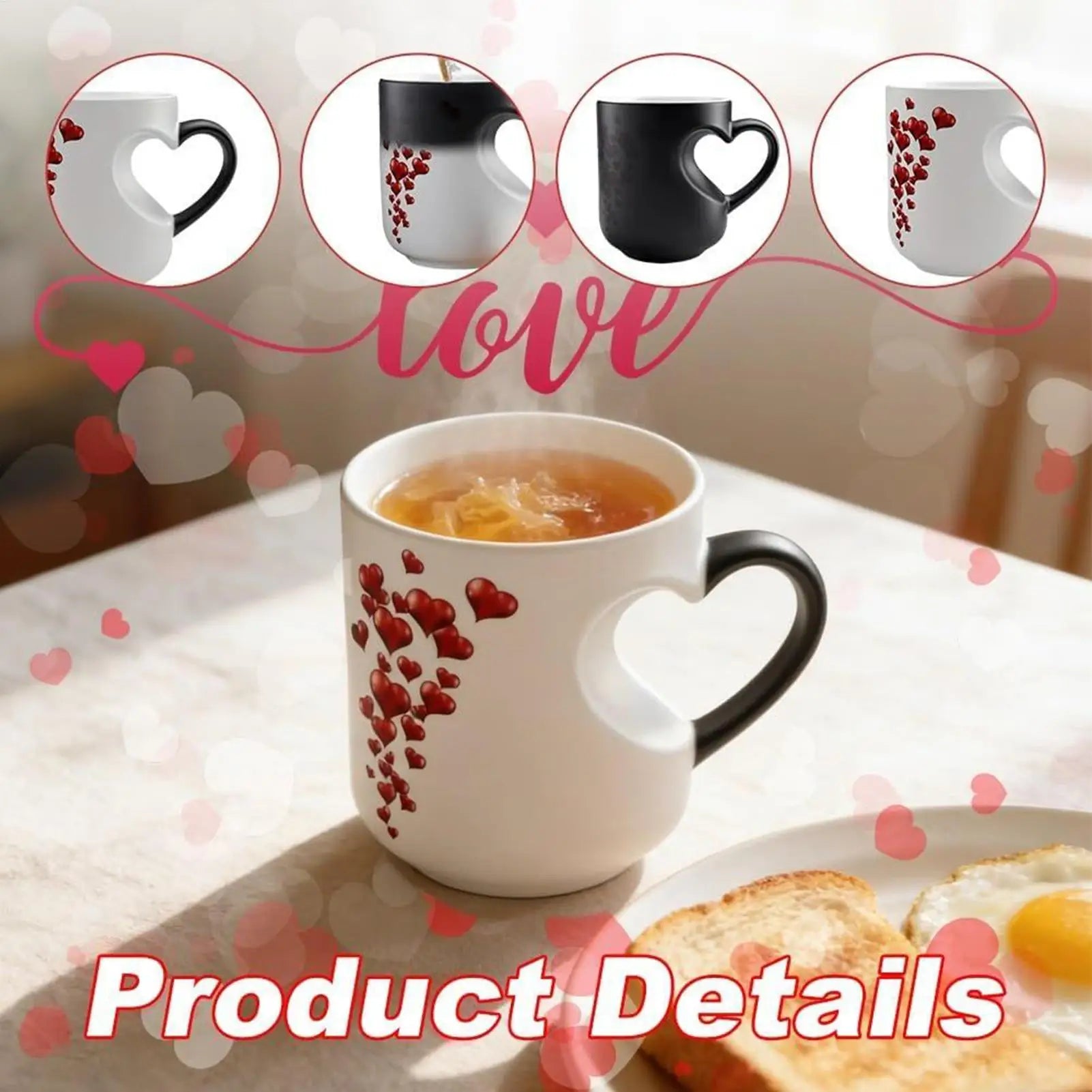Heat Sensitive Color Changing Heart Handle Mug Strange Rare Mate Couple Valentine Day Wedding Coffee Mug Cup Festival Gifts Peaceful Pleasures Health and Wellness