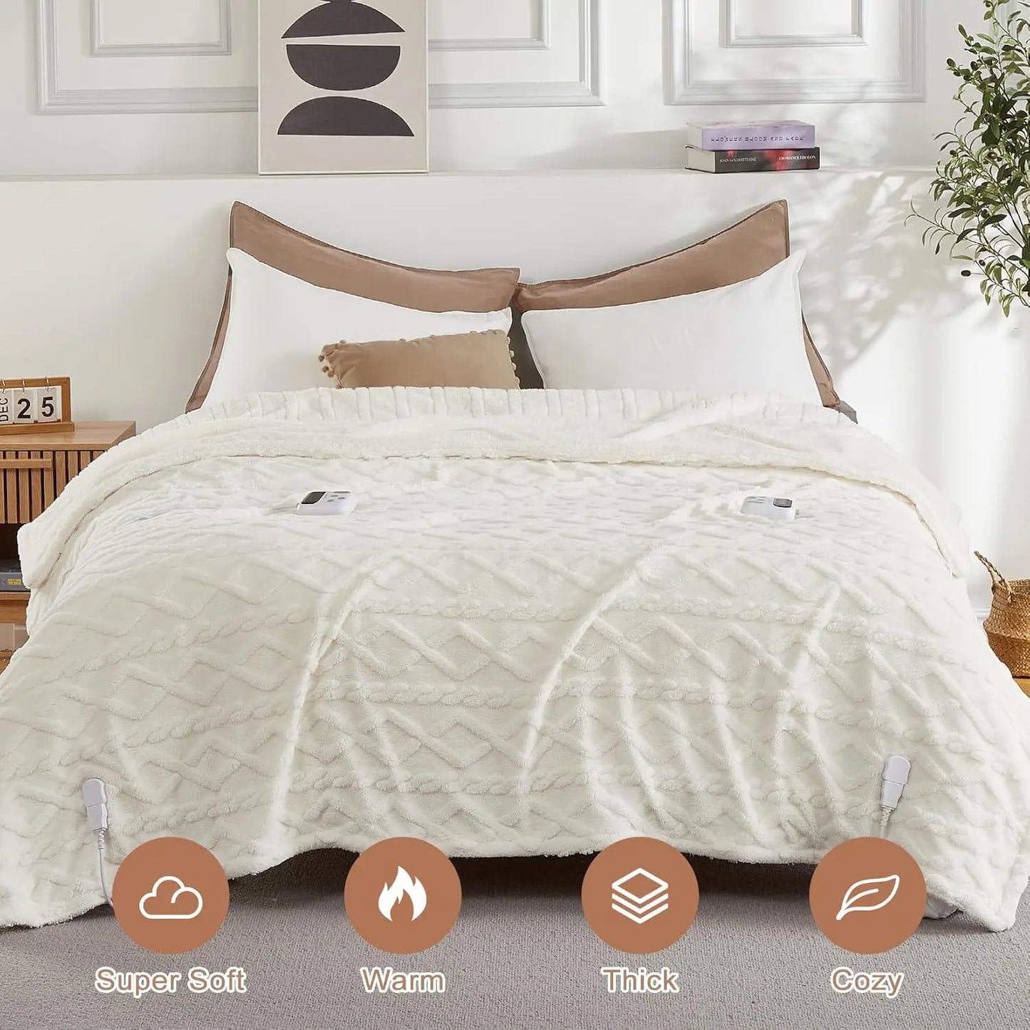 White comforter on a bed with features labeled 'Super Soft', 'Warm', 'Thick', and 'Cozy'.