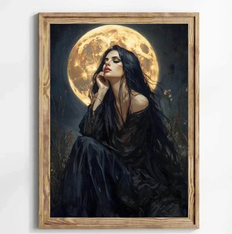 Halloween Witch Black Cat Pumpkin Full Moon Canvas Wall Art