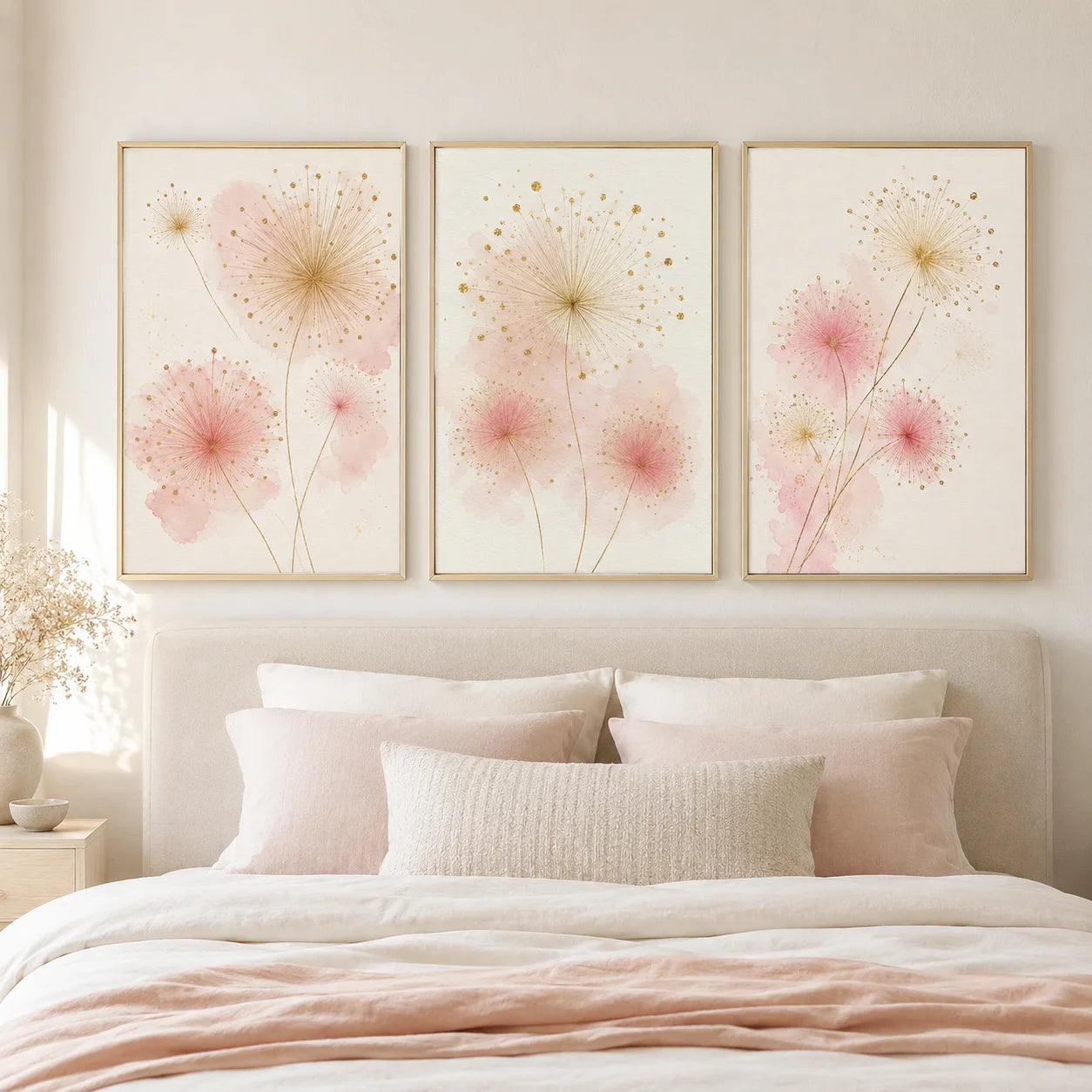 Nordic Dandelion Wall Art Pink Gold Floral Canvas Painting Botanical Poster Print Living Room Wall Decor Peaceful Pleasures Health and Wellness