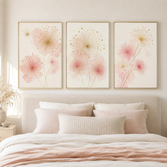Nordic Dandelion Wall Art Pink Gold Floral Canvas Painting Botanical Poster Print Living Room Wall Decor Peaceful Pleasures Health and Wellness