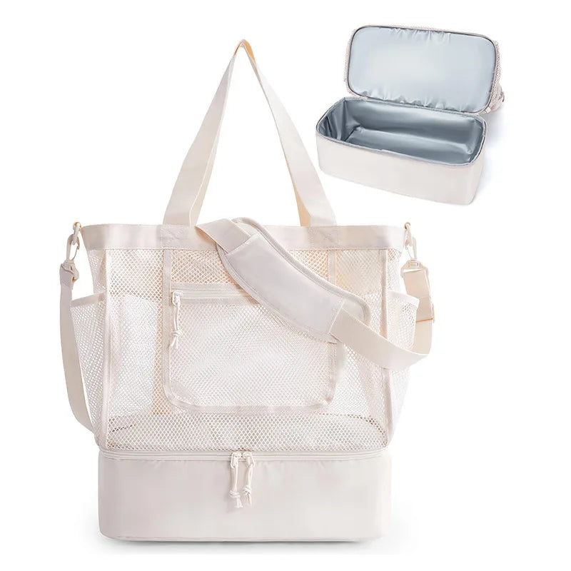 Women's Multi Pocket Beach-Bag With Anti Sand Design Foldable Lightweight Zipper For Travel Peaceful Pleasures Health and Wellness Creamy white