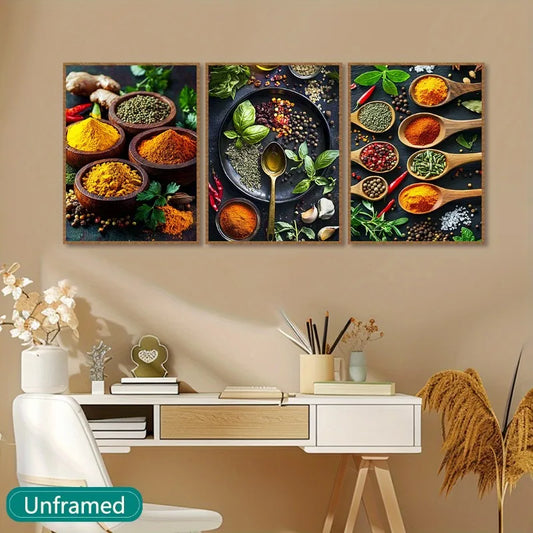3-Piece Contemporary Canvas Wall Art Deco Hanging Decor Vibrant Spices, Peppers, Herbs Kitchen Retro Home Decor Art Frameless Peaceful Pleasures Health and Wellness