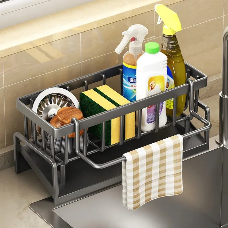 Kitchen Sink Drain Rack & Organizer – Self-Draining Soap, Sponge, Dishcloth & Towel Holder | Wall-Mount or Countertop