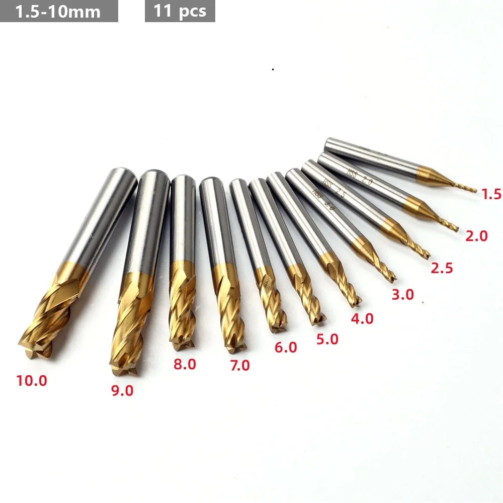 4-Flute HSS Titanium End Mill Set 7–11 Pcs | 1.5–10mm CNC Peaceful Pleasures Health and Wellness