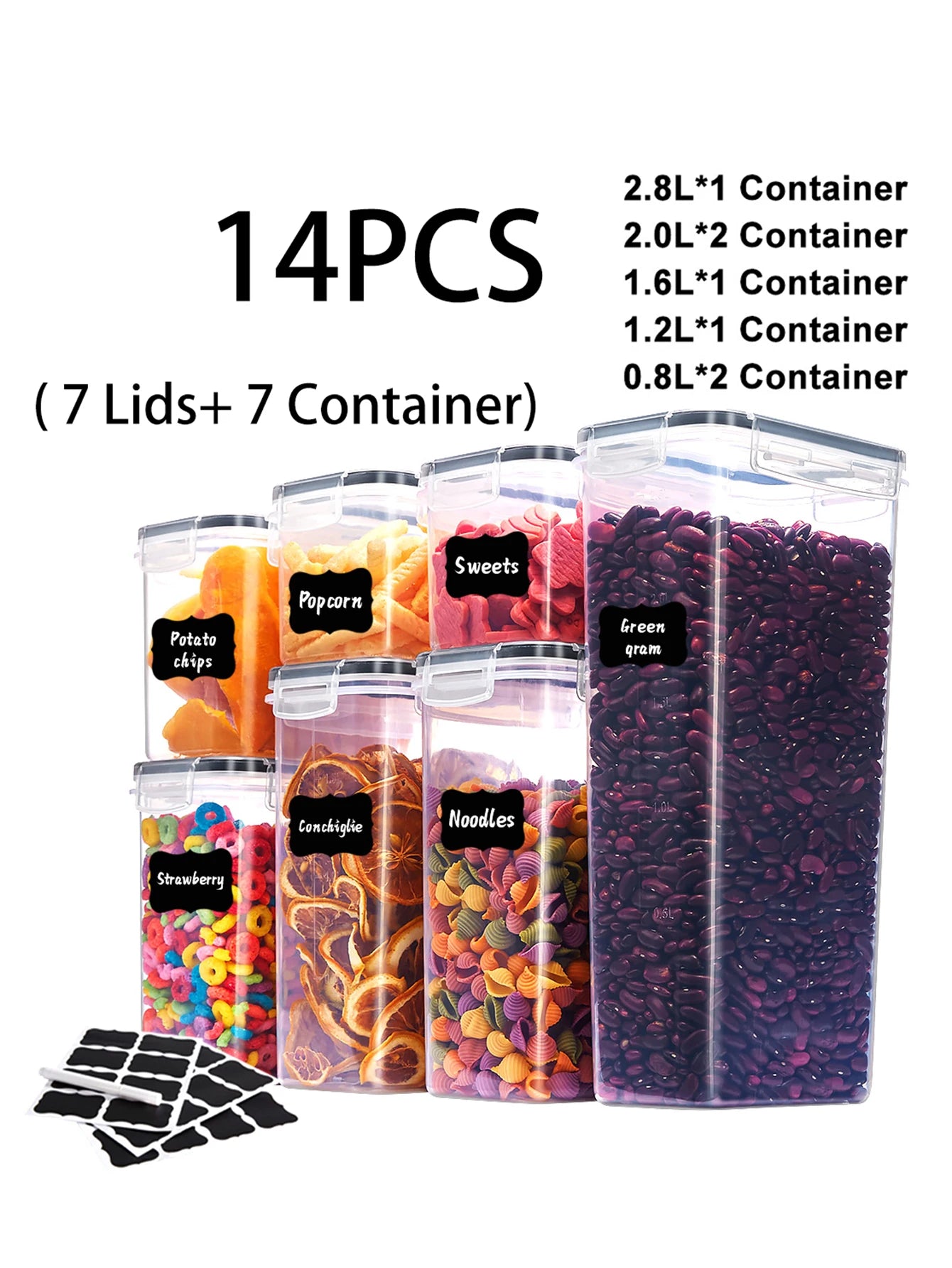 14pcs Airtight Pasta & Dry Food Storage Containers with Lids Kitchen Storage Peaceful Pleasures Health and Wellness United States 7Lidsand7Container
