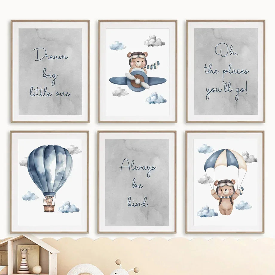 Bear Hot Air Balloon Airplane Inspirational Quotes Wall Art Canvas Painting Posters And Prints Pictures For Boy Kids Room Dec Peaceful Pleasures Health and Wellness