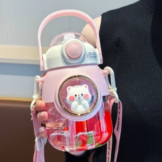 Cute Kids Water Bottles Plastic Sippy Cup with Strap Rope Portable Leakage-proof Cartoon Water Cups Drinkware Cartoon Student Peaceful Pleasures Health and Wellness