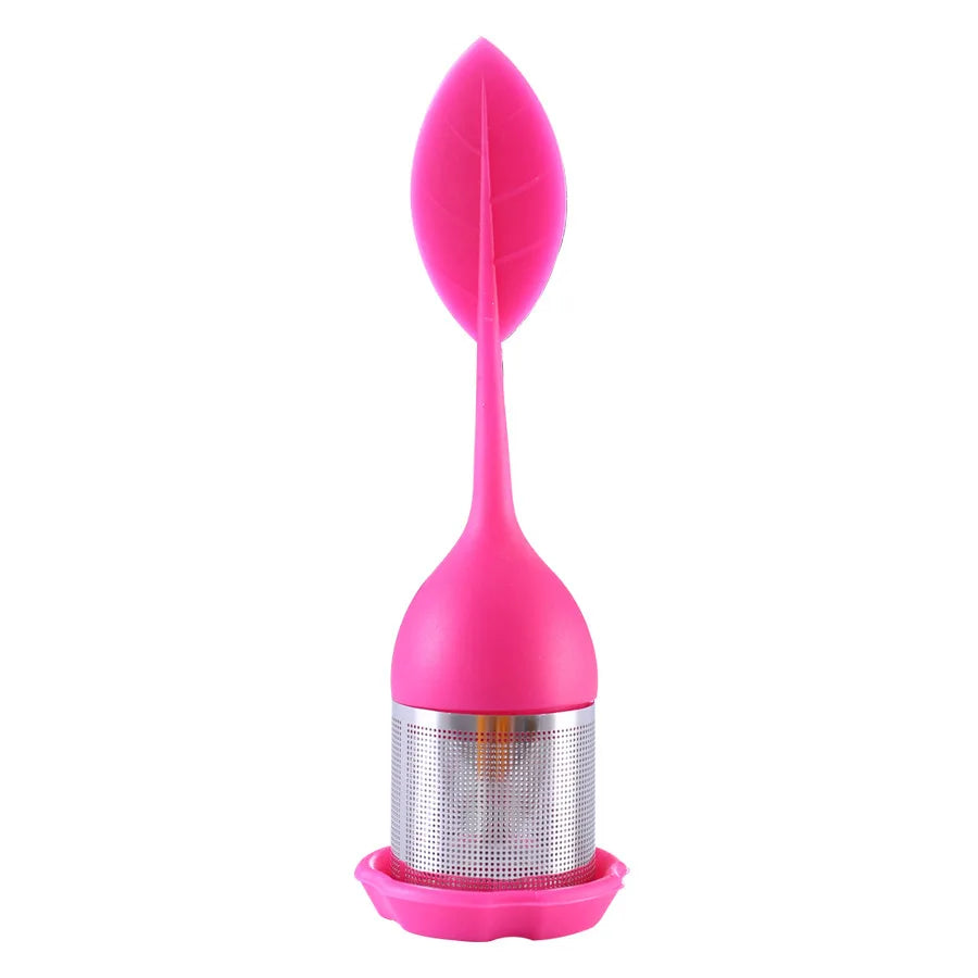 Tea Infuser - Stainless Steel Fine Mesh Tea Filter with BPA-Free Silicone Leaf Handle and Drip Tray for all Loose Leaf Tea Peaceful Pleasures Health and Wellness Rose red