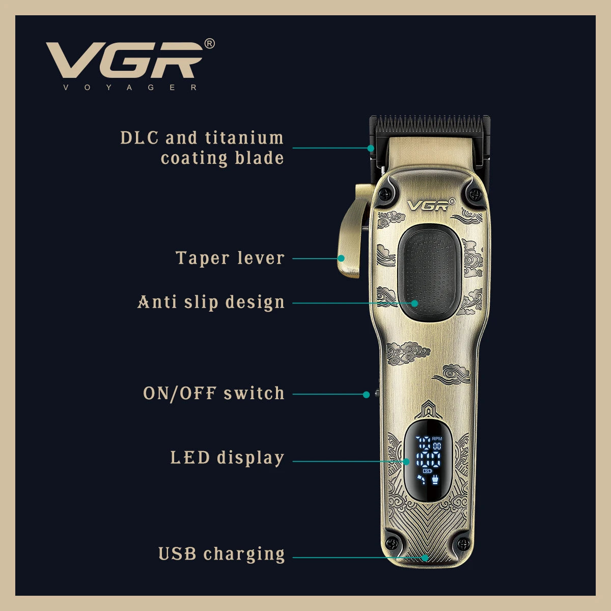 VGR new metal retro hair clipper intelligent LED digital display powerful power hair trimmer hair salon home push shear V-027 Peaceful Pleasures Health and Wellness