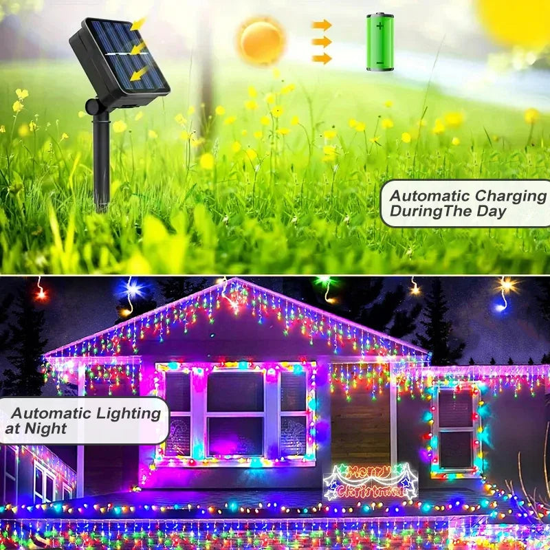 Solar Icicle Curtain String Lights – Outdoor Waterproof LED Decor