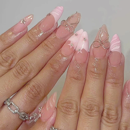 24pcs Ins Pink French Fake Nails 3D Sweet Bow Decor Press on Nails Full Cover Y2k Diamond Star Almond Head False Nail Patches Peaceful Pleasures Health and Wellness